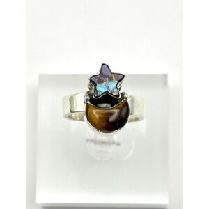 Kingman Purple Dahlia‎ & Tiger's Eye Moon Star Sterling Silver Adjustable Ring